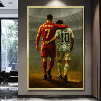 quadro moderno cristiano ronaldo messi abbraccio stadio calcio champions league appeso soggiorno